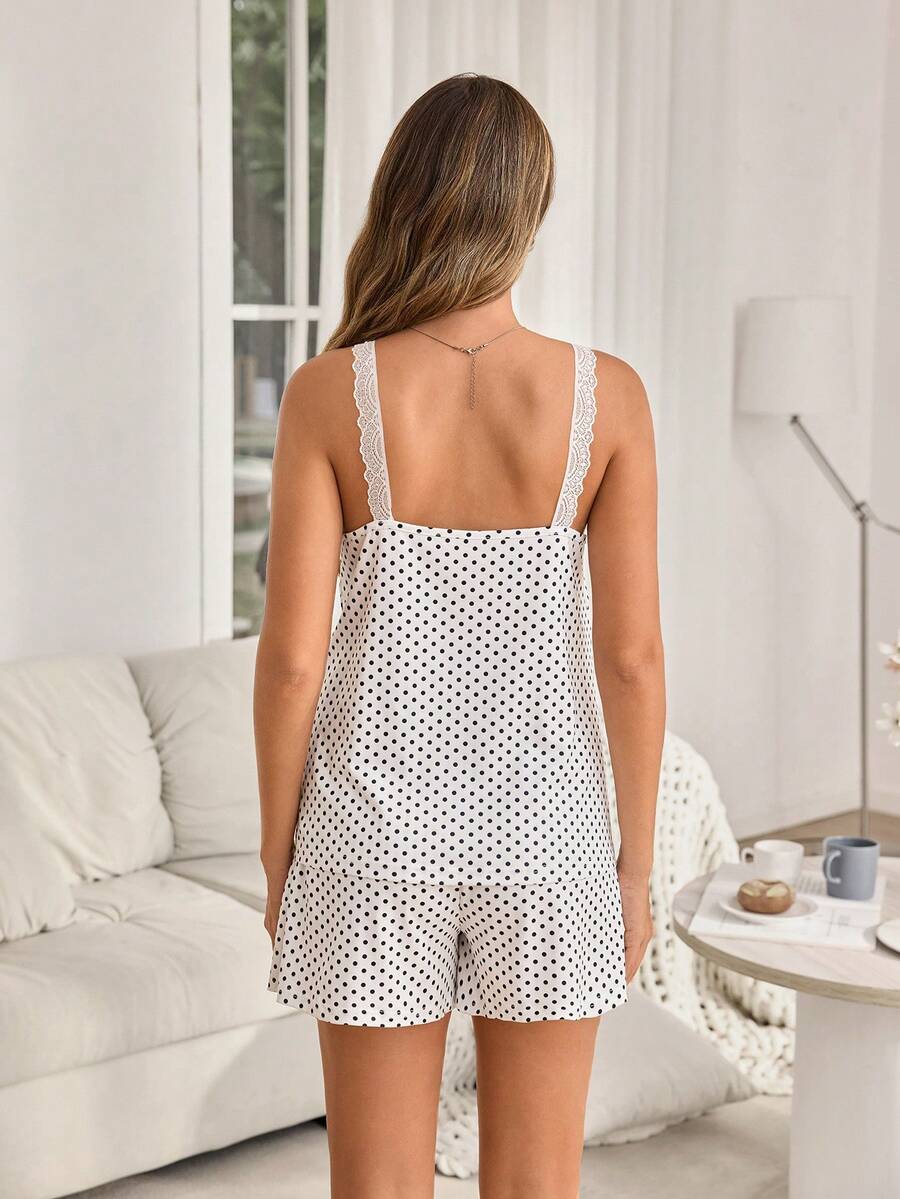 Maternity Pajama Set - Polka Dot Lace Trim Camisole and Shorts, Nursing Sleepwear Lounge