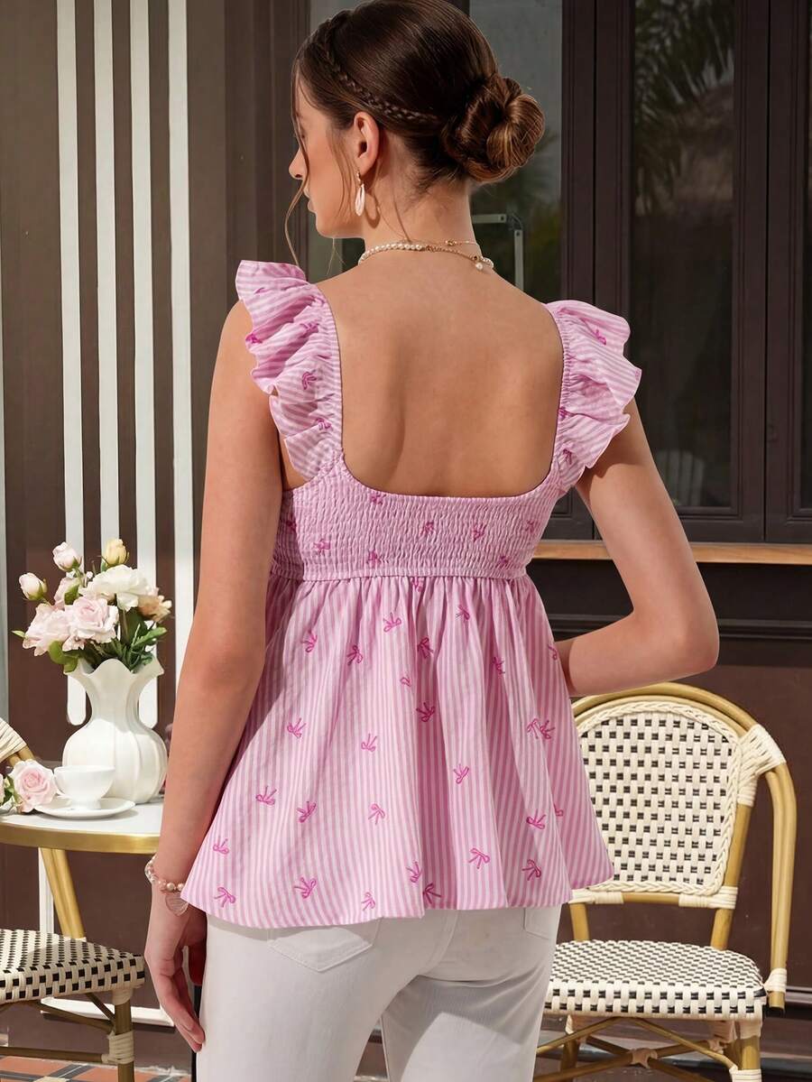 Maternity Peplum Crop Top - Deep V Neck, Puff Cap Sleeve, Butterfly Print, Ruffle, Slim Fit, Pink