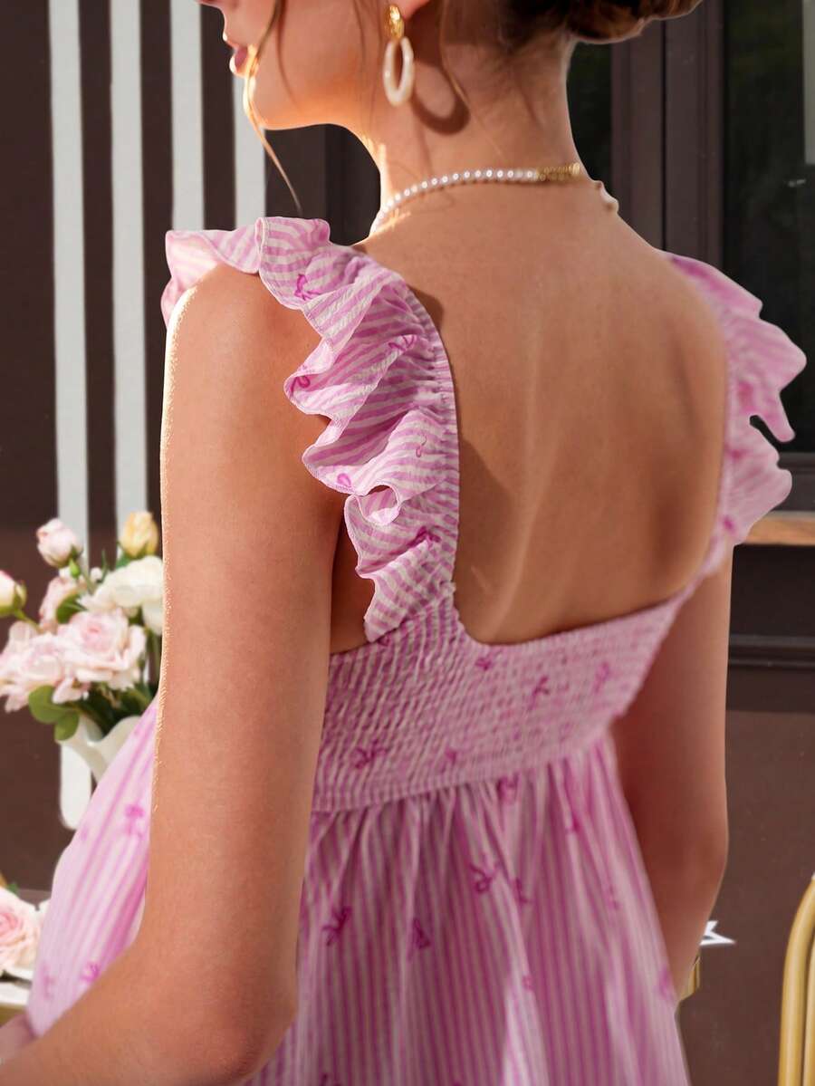 Maternity Peplum Crop Top - Deep V Neck, Puff Cap Sleeve, Butterfly Print, Ruffle, Slim Fit, Pink