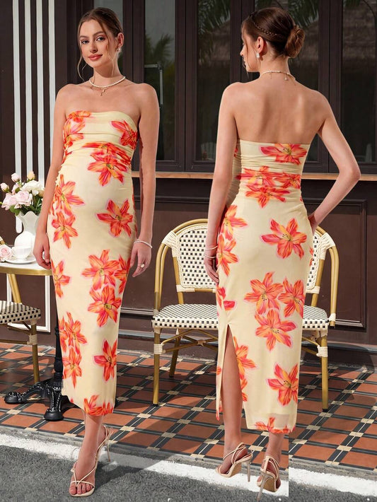 Multicolor Floral Print Bodycon Maternity Maxi Dress - Strapless Long Slit Mesh Tube Dress - Elegant Boho Spring and Summer Pregnancy Wear