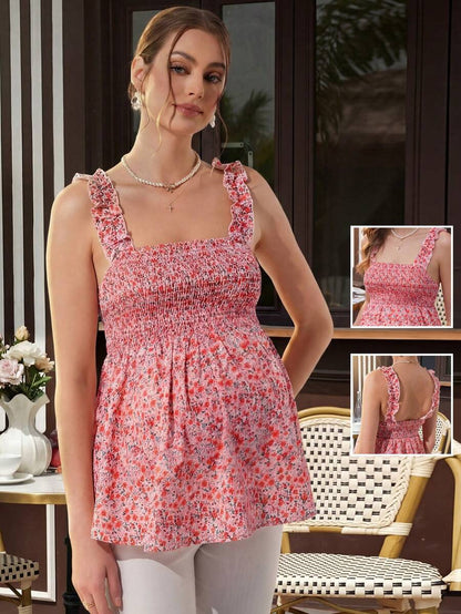 Pink Floral Ruched Maternity Camisole Dress - Boho A-Line Sleeveless Pleated Maternity Top - Spring and Summer Night Out Maternity Wear