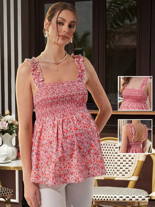 Pink Floral Ruched Maternity Camisole Dress - Boho A-Line Sleeveless Pleated Maternity Top - Spring and Summer Night Out Maternity Wear