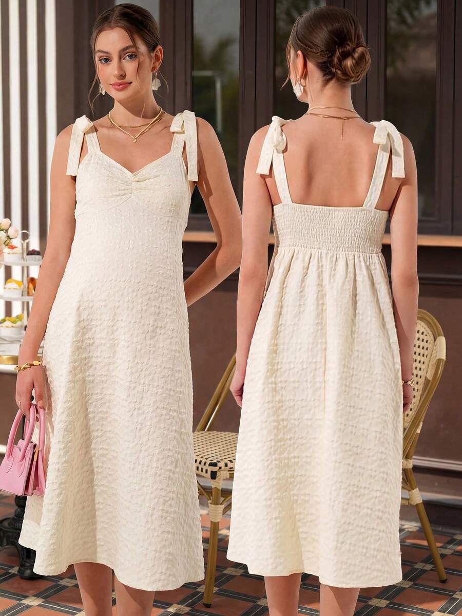 Maternity Cami A-Line Maxi Dress - Straps, Sleeveless, Tie Waist, Jacquard, Apricot