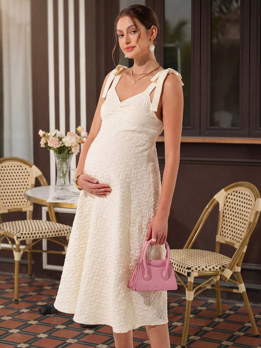 Maternity Cami A-Line Maxi Dress - Straps, Sleeveless, Tie Waist, Jacquard, Apricot