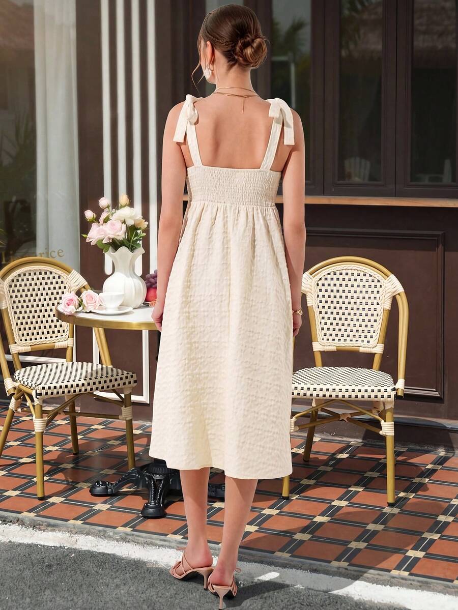 Maternity Cami A-Line Maxi Dress - Straps, Sleeveless, Tie Waist, Jacquard, Apricot