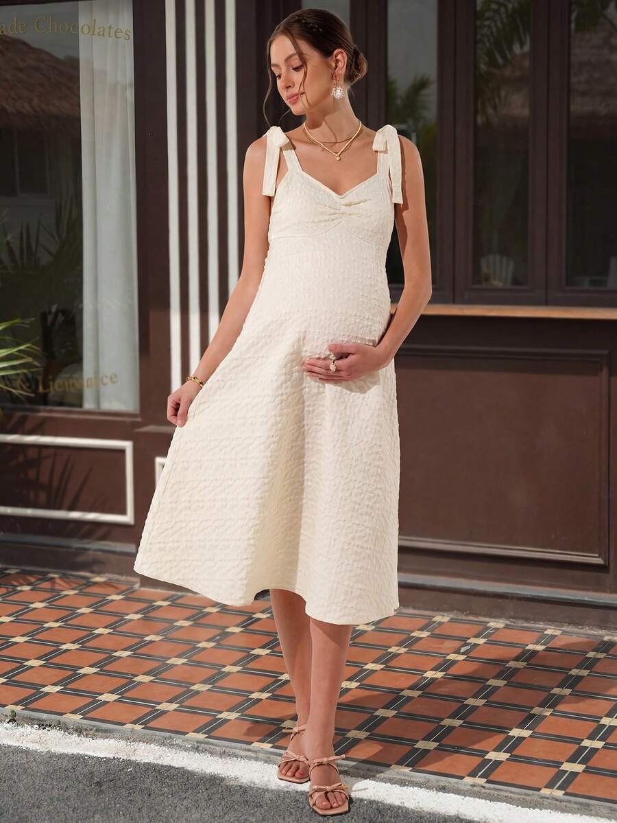 Maternity Cami A-Line Maxi Dress - Straps, Sleeveless, Tie Waist, Jacquard, Apricot