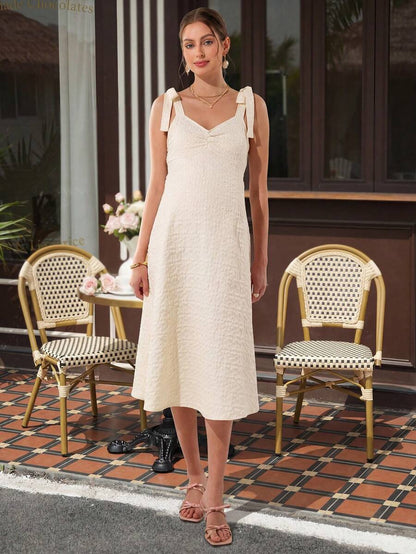 Maternity Cami A-Line Maxi Dress - Straps, Sleeveless, Tie Waist, Jacquard, Apricot