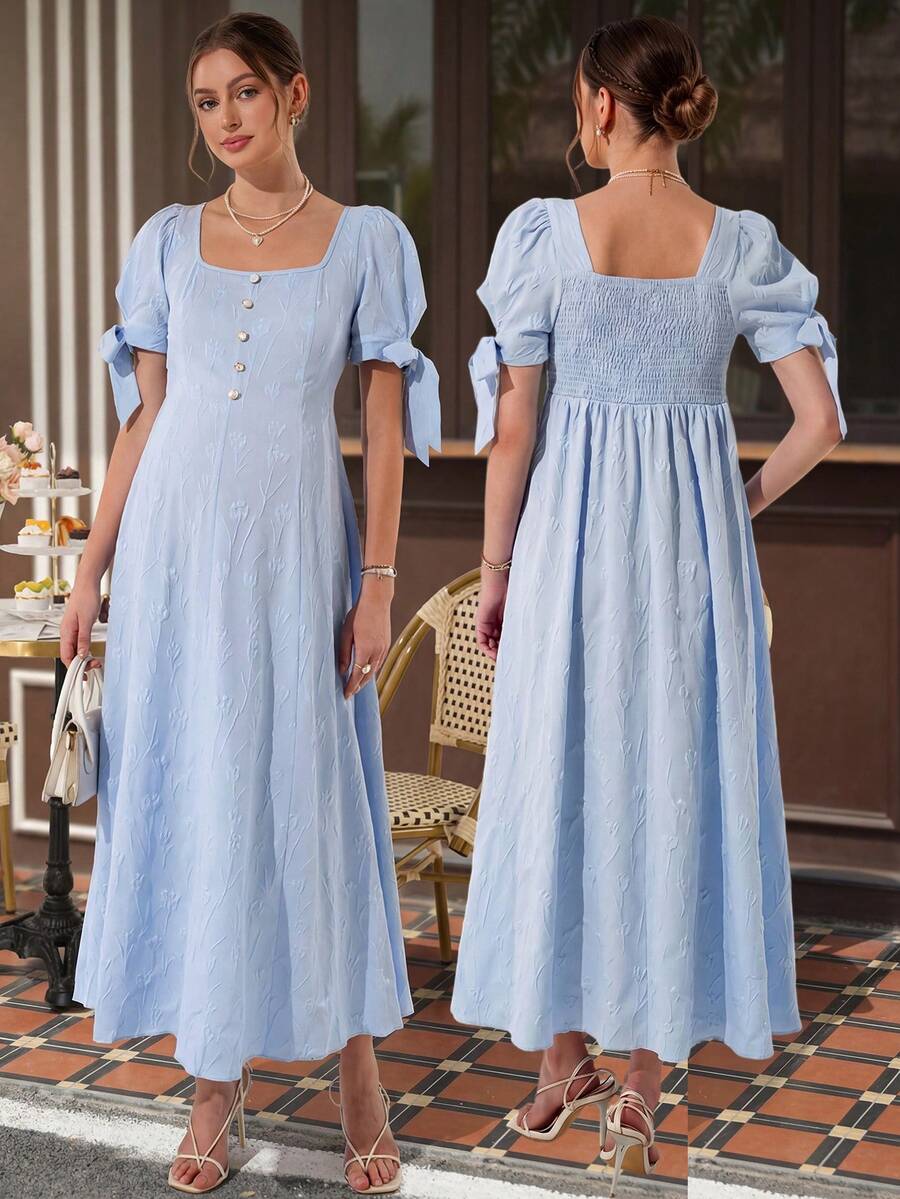 Maternity Jacquard A-Line Midi Dress - Square Neck, Puff Sleeve, Pearl Button, Baby Blue