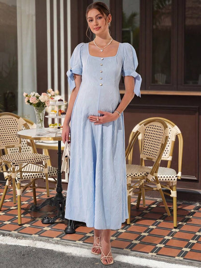 Maternity Jacquard A-Line Midi Dress - Square Neck, Puff Sleeve, Pearl Button, Baby Blue
