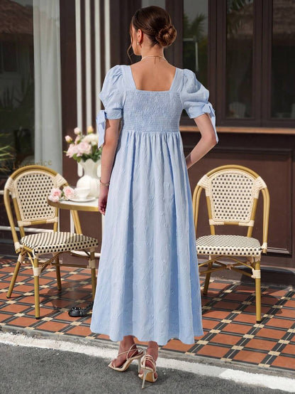 Maternity Jacquard A-Line Midi Dress - Square Neck, Puff Sleeve, Pearl Button, Baby Blue