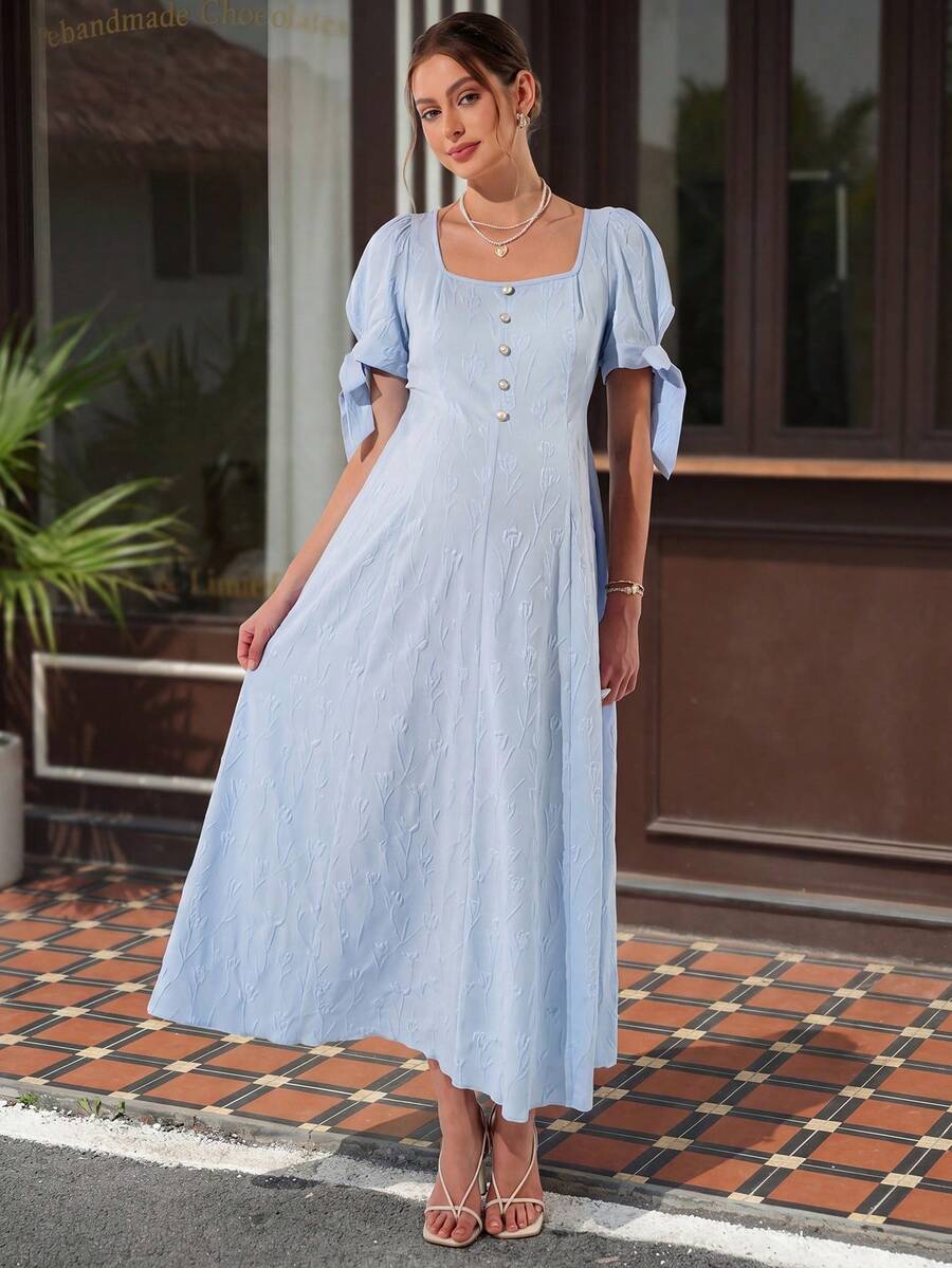 Maternity Jacquard A-Line Midi Dress - Square Neck, Puff Sleeve, Pearl Button, Baby Blue