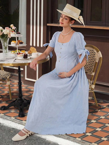 Maternity Jacquard A-Line Midi Dress - Square Neck, Puff Sleeve, Pearl Button, Baby Blue