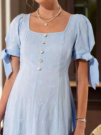 Maternity Jacquard A-Line Midi Dress - Square Neck, Puff Sleeve, Pearl Button, Baby Blue