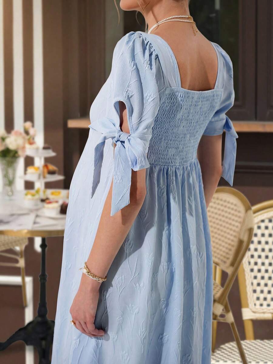 Maternity Jacquard A-Line Midi Dress - Square Neck, Puff Sleeve, Pearl Button, Baby Blue
