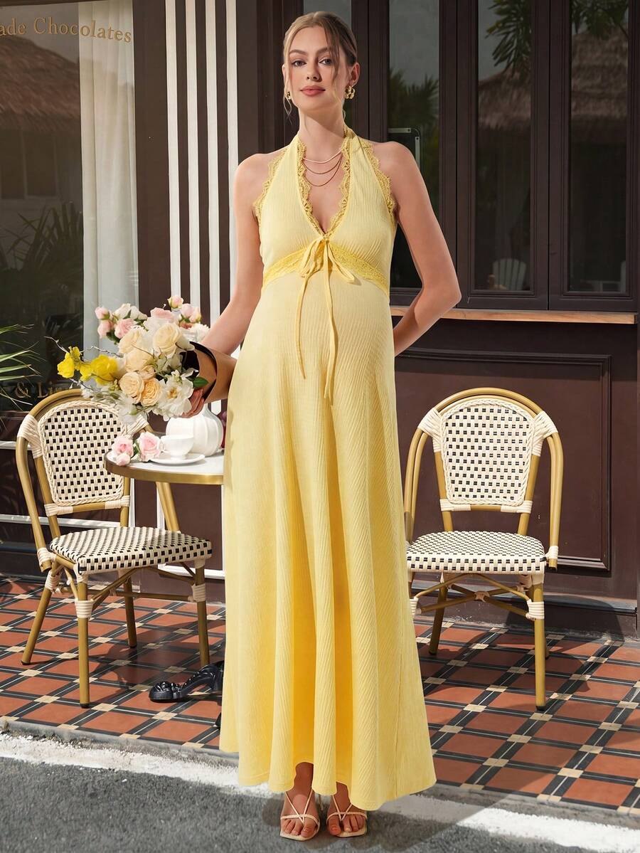 Maternity Knit A-Line Long Dress - Halter Neck, Contrast Lace, Ruched Waist, Slim Fit, Yellow