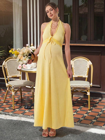 Maternity Knit A-Line Long Dress - Halter Neck, Contrast Lace, Ruched Waist, Slim Fit, Yellow
