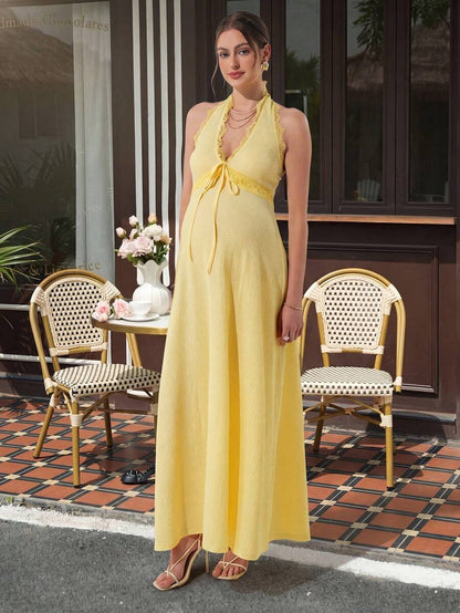 Maternity Knit A-Line Long Dress - Halter Neck, Contrast Lace, Ruched Waist, Slim Fit, Yellow