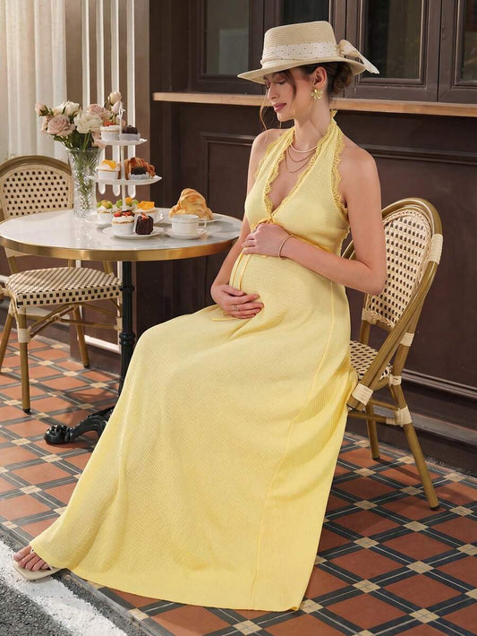 Maternity Knit A-Line Long Dress - Halter Neck, Contrast Lace, Ruched Waist, Slim Fit, Yellow