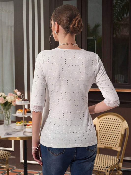 Maternity Textured Top - Notched Neck, Puff Half Sleeve, Contrast Lace, Slim Fit, White