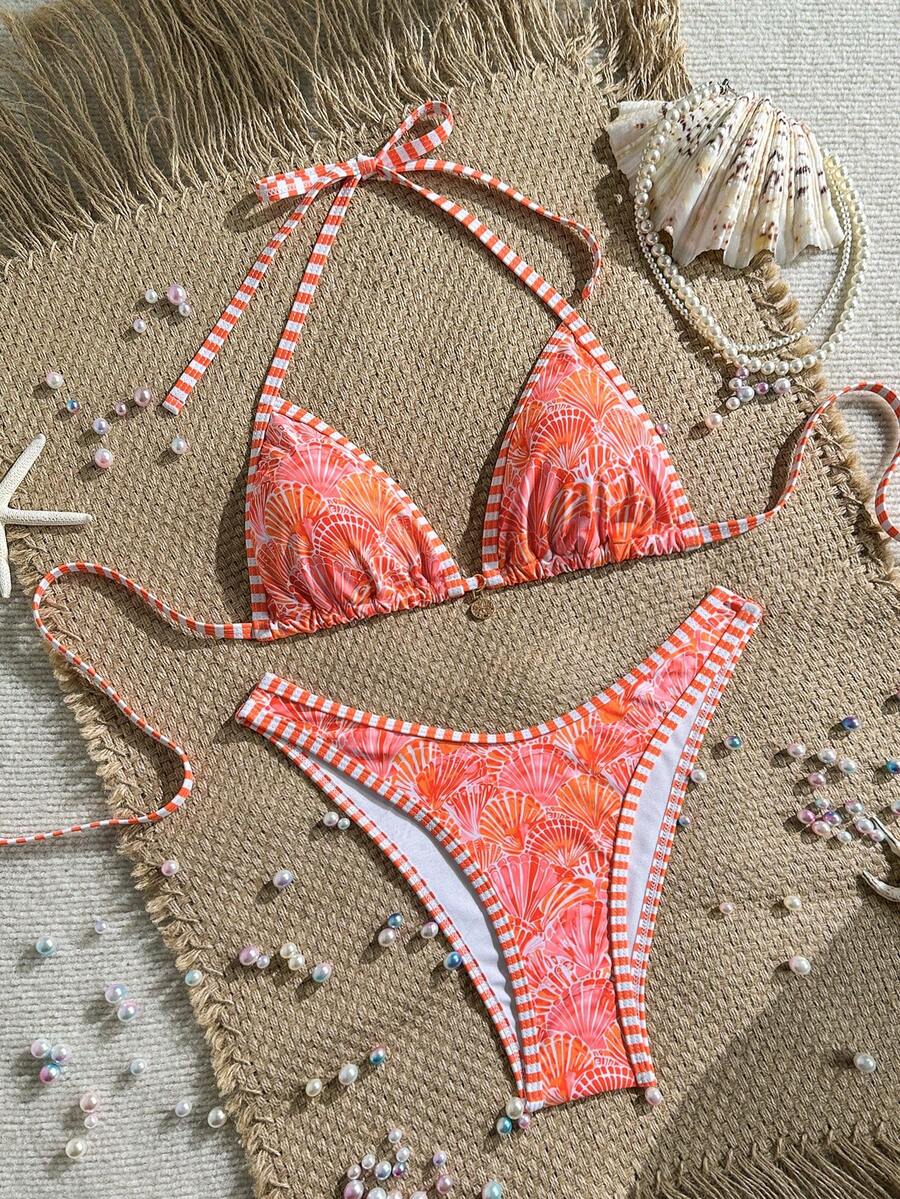 Women's 2-Piece Boho Halter Bikini Set - Tie Detail, High Cut, Floral Print, Green