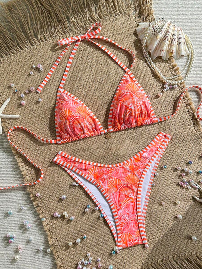 Women's 2-Piece Boho Halter Bikini Set - Tie Detail, High Cut, Floral Print, Green