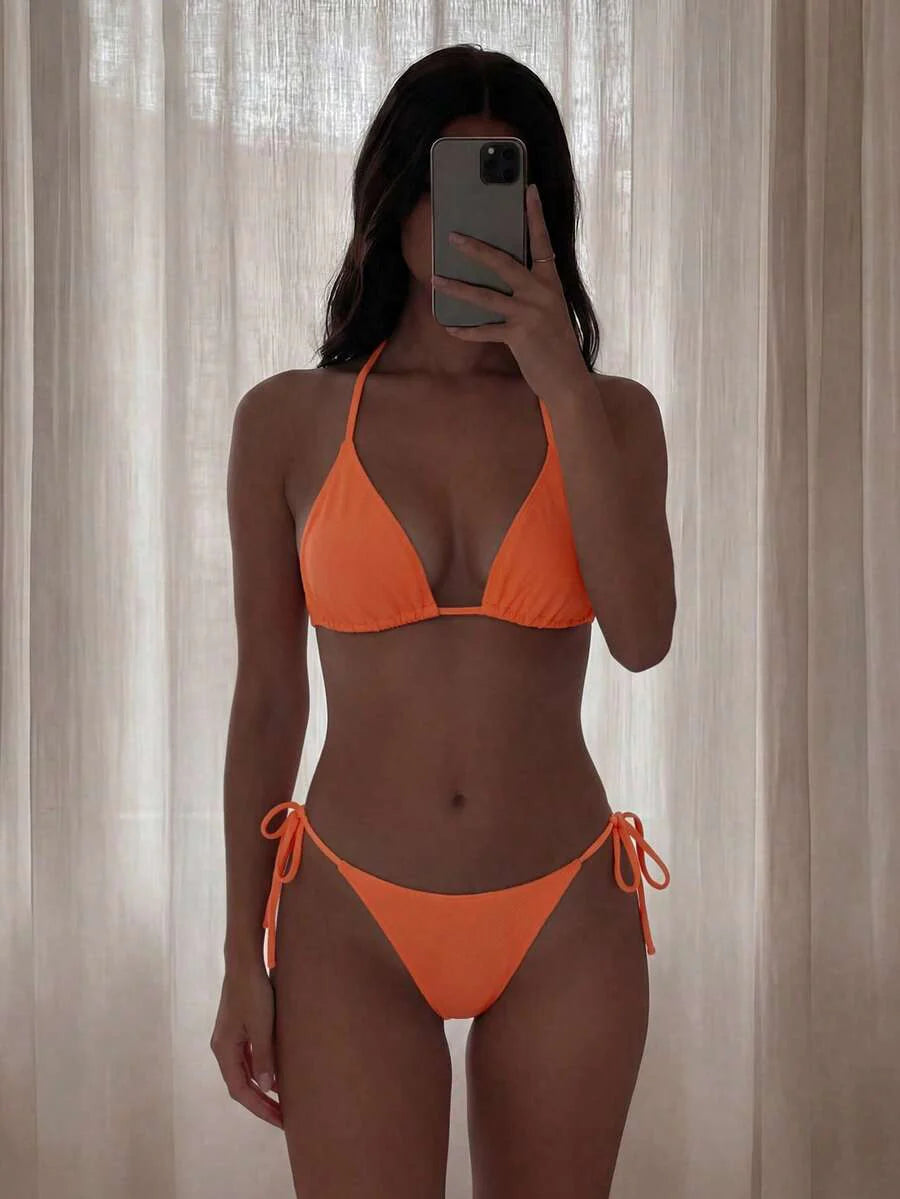 Swim Vcay 2026 Spring/Summer Green Special Fabric Women's Swimwear, Spaghetti Strap Halter Solid Color Sexy Side Tie Thong Bikini Two-Piece Swimwear Teal Bikini Tie Bikini Set Textured Bikini Triangle Bikini Triangle Bikini Set