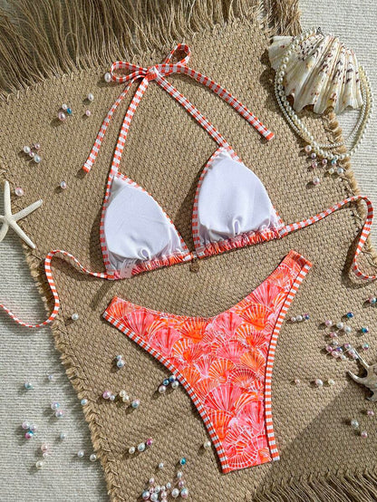 Women's 2-Piece Boho Halter Bikini Set - Tie Detail, High Cut, Floral Print, Green