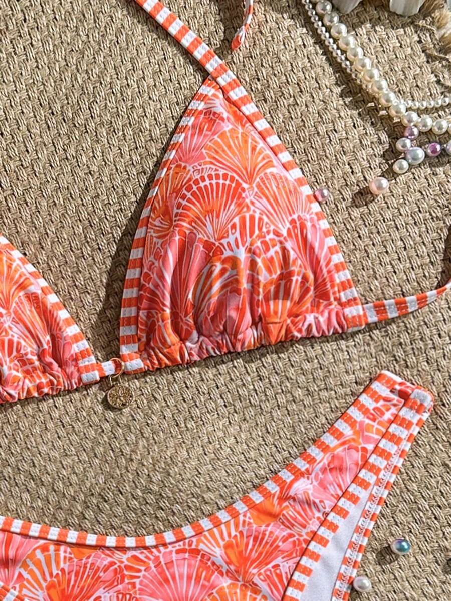 Women's 2-Piece Boho Halter Bikini Set - Tie Detail, High Cut, Floral Print, Green