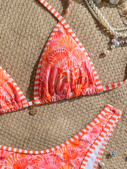 Women's 2-Piece Boho Halter Bikini Set - Tie Detail, High Cut, Floral Print, Green