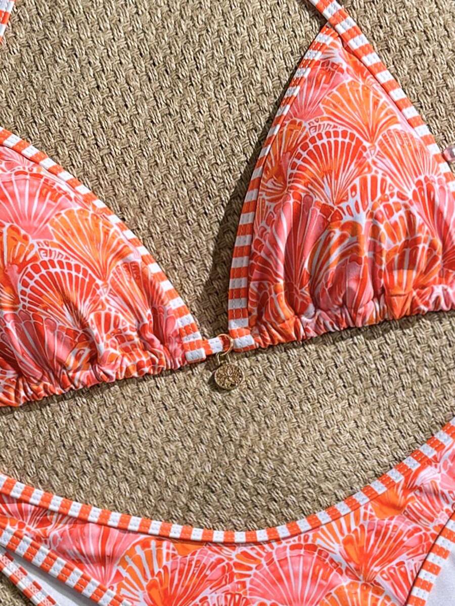 Women's 2-Piece Boho Halter Bikini Set - Tie Detail, High Cut, Floral Print, Green