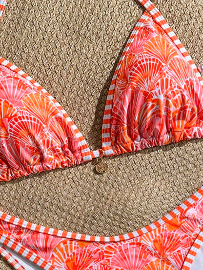 Women's 2-Piece Boho Halter Bikini Set - Tie Detail, High Cut, Floral Print, Green