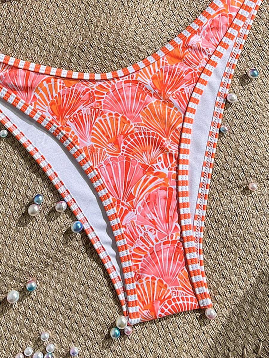 Women's 2-Piece Boho Halter Bikini Set - Tie Detail, High Cut, Floral Print, Green
