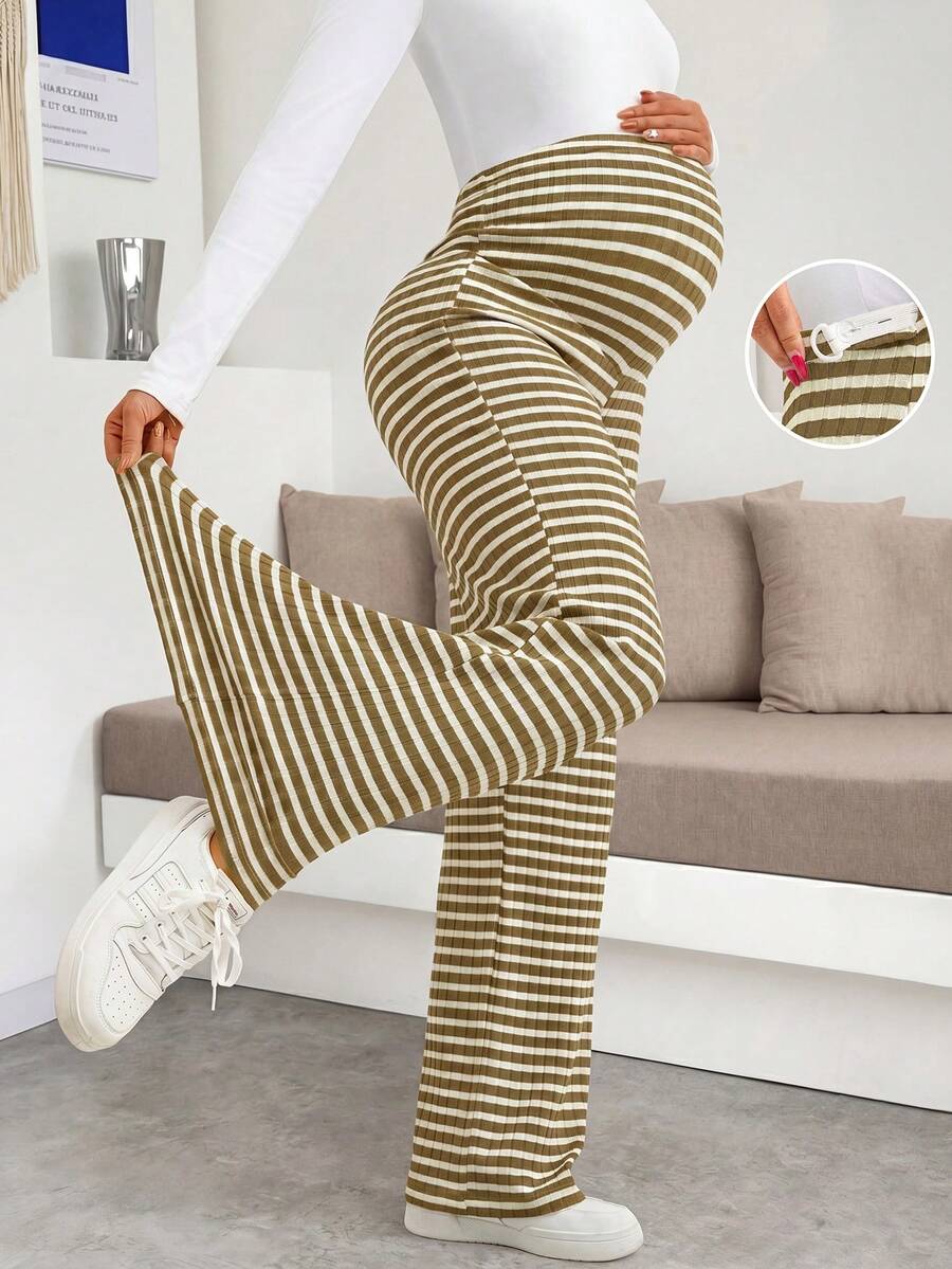 Maternity Wide Leg Pants - High Waist Striped Belly Support, Brown