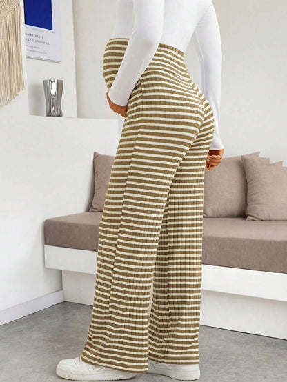 Maternity Wide Leg Pants - High Waist Striped Belly Support, Brown