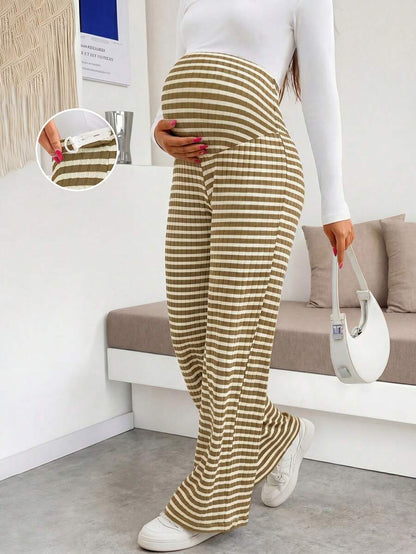 Maternity Wide Leg Pants - High Waist Striped Belly Support, Brown