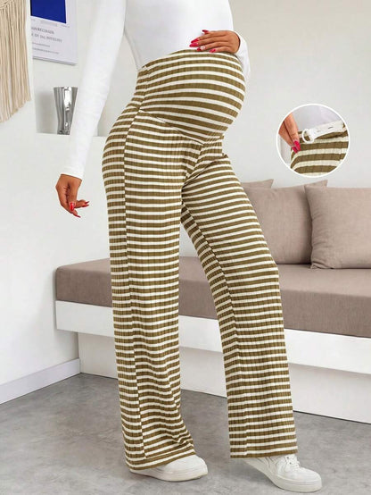 Maternity Wide Leg Pants - High Waist Striped Belly Support, Brown