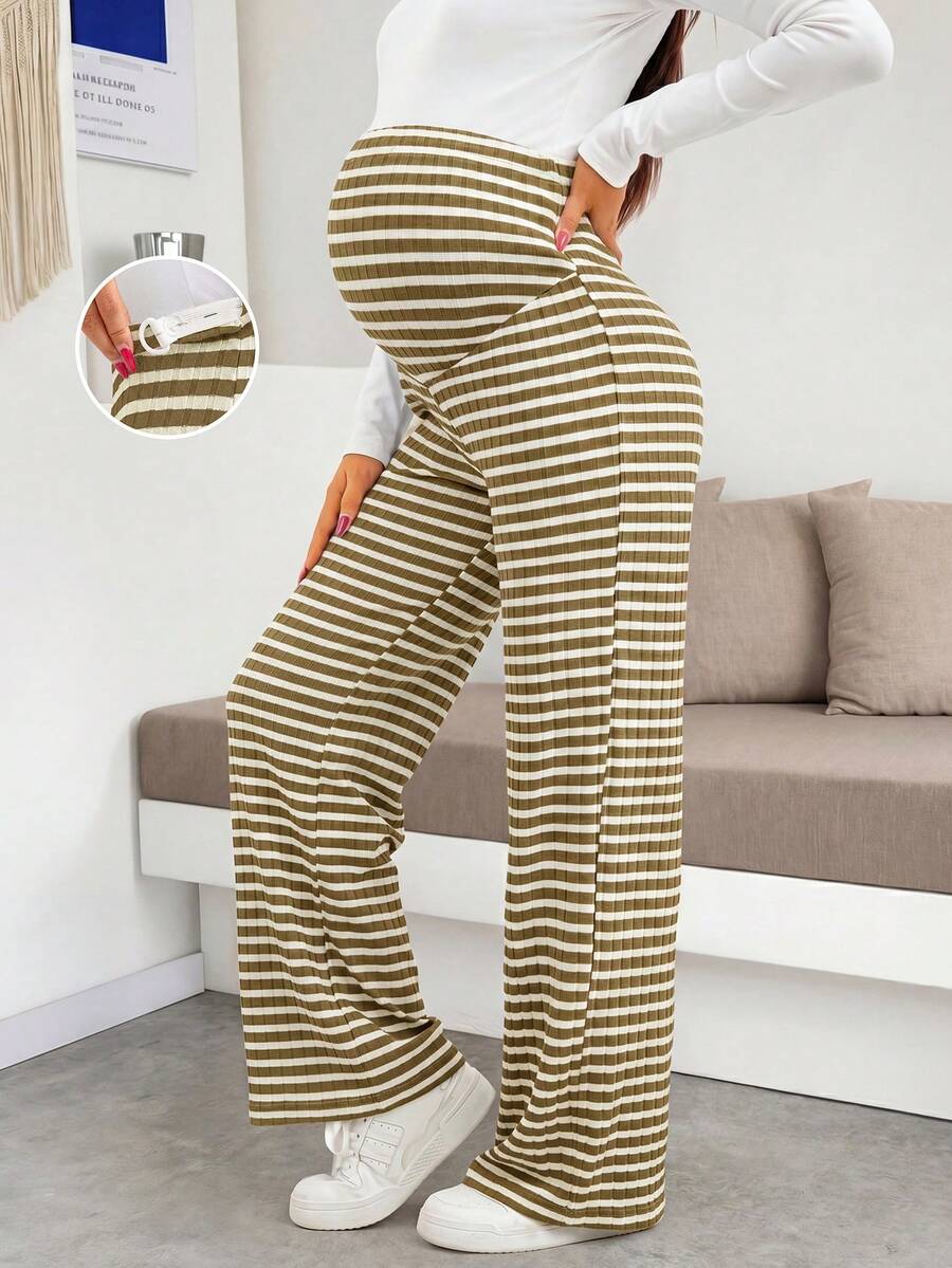 Maternity Wide Leg Pants - High Waist Striped Belly Support, Brown