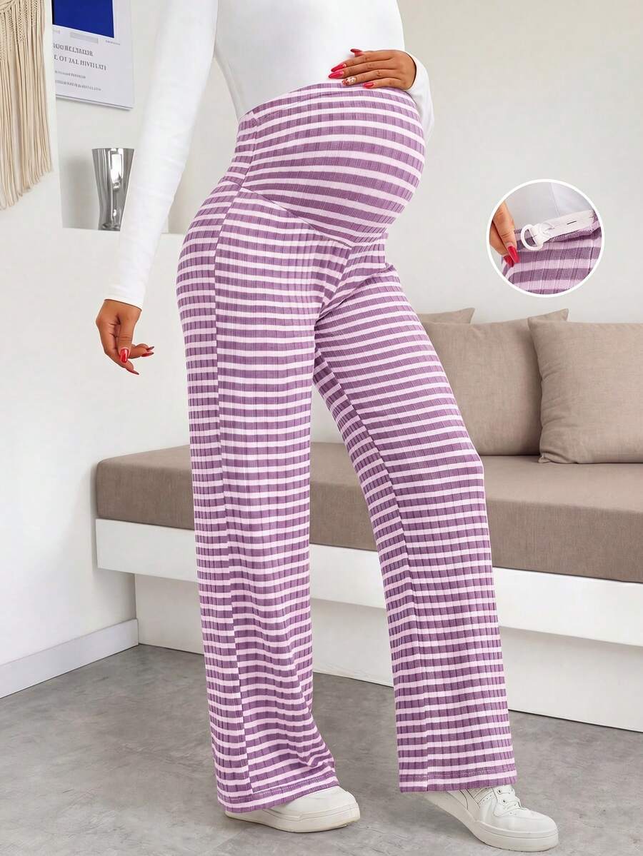 Maternity Wide Leg Pants - High Waist Striped Belly Support, Brown