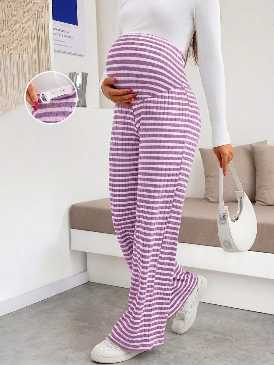 Maternity Wide Leg Pants - High Waist Striped Belly Support, Brown