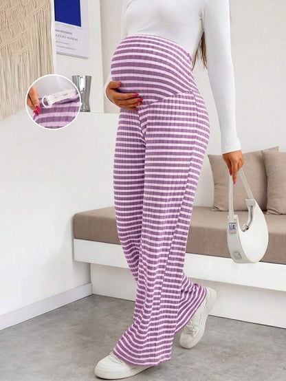 Maternity Wide Leg Pants - High Waist Striped Belly Support, Brown
