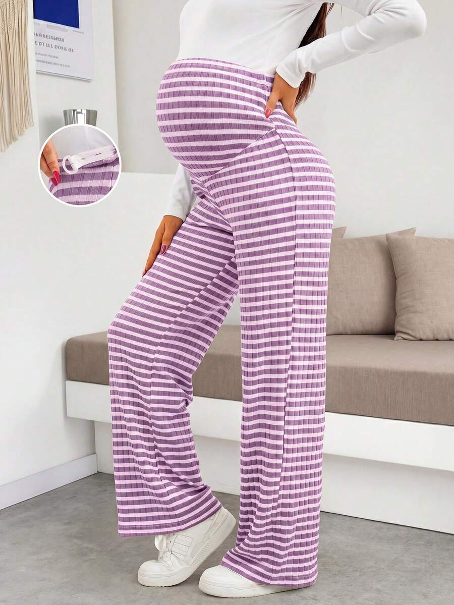 Maternity Wide Leg Pants - High Waist Striped Belly Support, Brown
