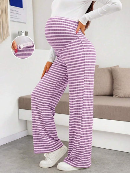 Maternity Wide Leg Pants - High Waist Striped Belly Support, Brown