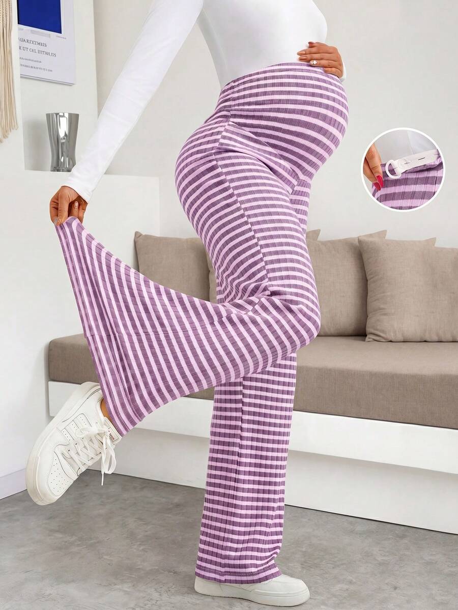 Maternity Wide Leg Pants - High Waist Striped Belly Support, Brown