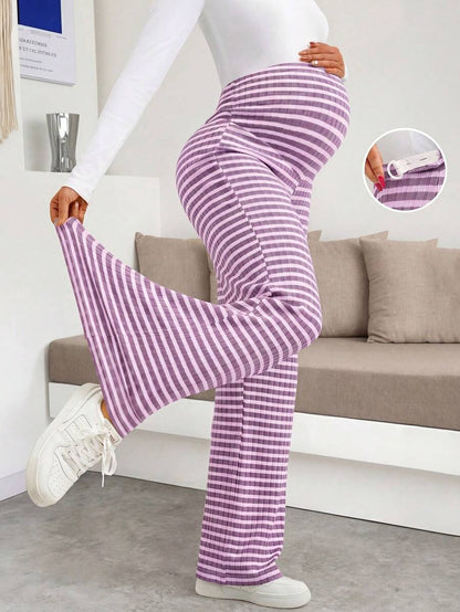 Maternity Wide Leg Pants - High Waist Striped Belly Support, Brown