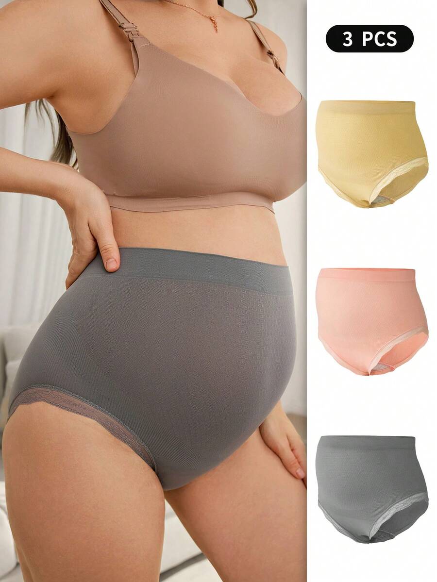 Maternity Briefs 3 Pack - Solid Color Lace Trim Casual Soft Stretch Pregnancy, Daily Wear