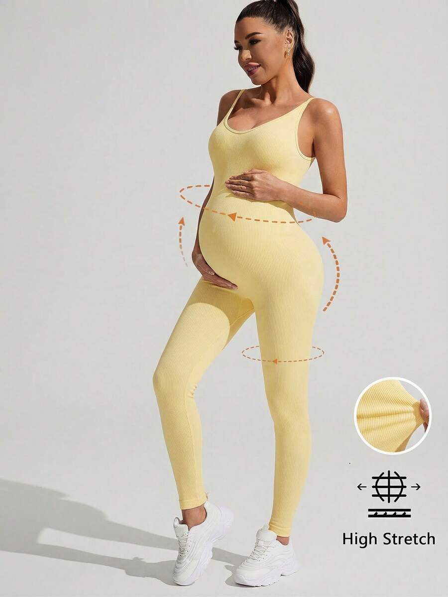 Yellow Rib-Knit Asymmetrical Neck Maternity Jumpsuit - High Stretch Sleeveless Skinny Fit Capri One Piece - Casual Sporty Maternity Wear