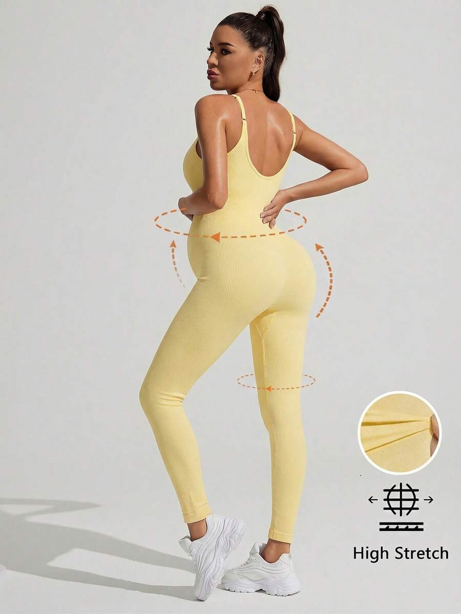 Yellow Rib-Knit Asymmetrical Neck Maternity Jumpsuit - High Stretch Sleeveless Skinny Fit Capri One Piece - Casual Sporty Maternity Wear