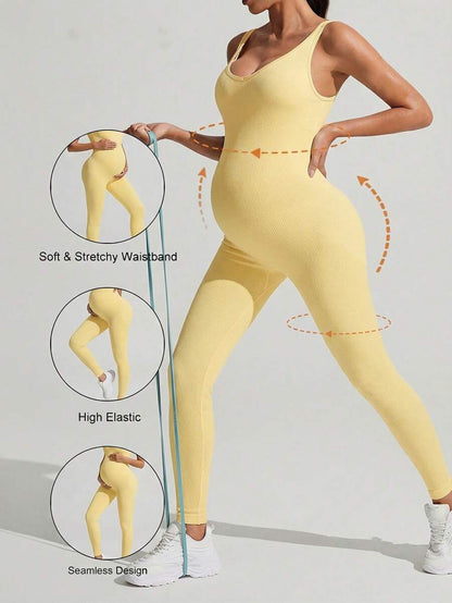 Yellow Rib-Knit Asymmetrical Neck Maternity Jumpsuit - High Stretch Sleeveless Skinny Fit Capri One Piece - Casual Sporty Maternity Wear