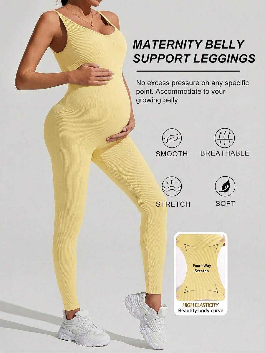 Yellow Rib-Knit Asymmetrical Neck Maternity Jumpsuit - High Stretch Sleeveless Skinny Fit Capri One Piece - Casual Sporty Maternity Wear
