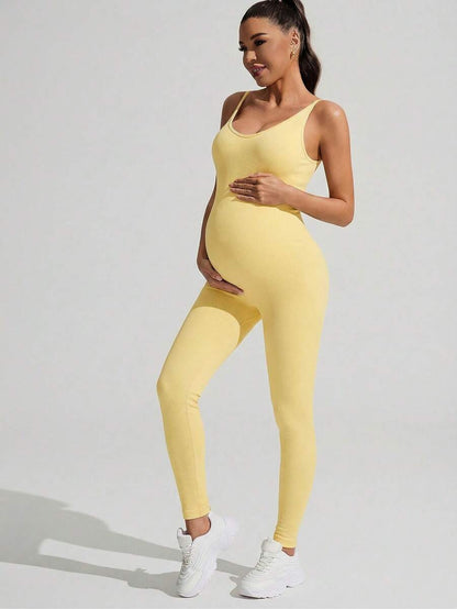 Yellow Rib-Knit Asymmetrical Neck Maternity Jumpsuit - High Stretch Sleeveless Skinny Fit Capri One Piece - Casual Sporty Maternity Wear